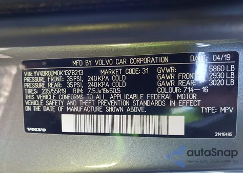 2019 Volvo Xc60 Hybrid T8 R-Design from USA, damaged, VIN YV4BR0DM0K1378213